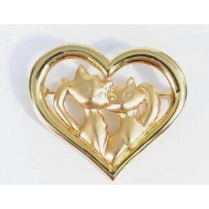 Heart Cat Gold Tone Brooch/ Pin-1.75 in-GUC